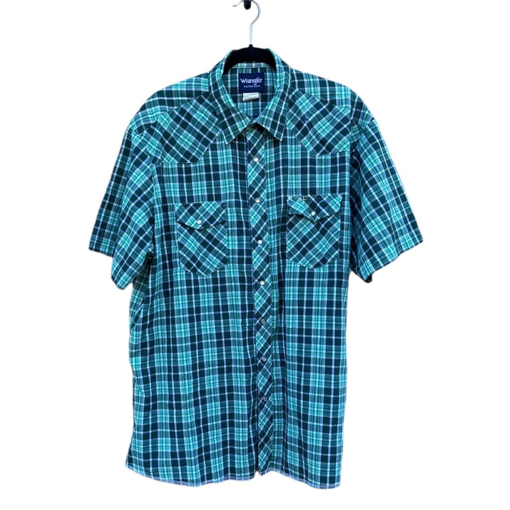 Wrangler Men’s Green and White Plaid Button Down Snap Western Shirt Vintage 2X